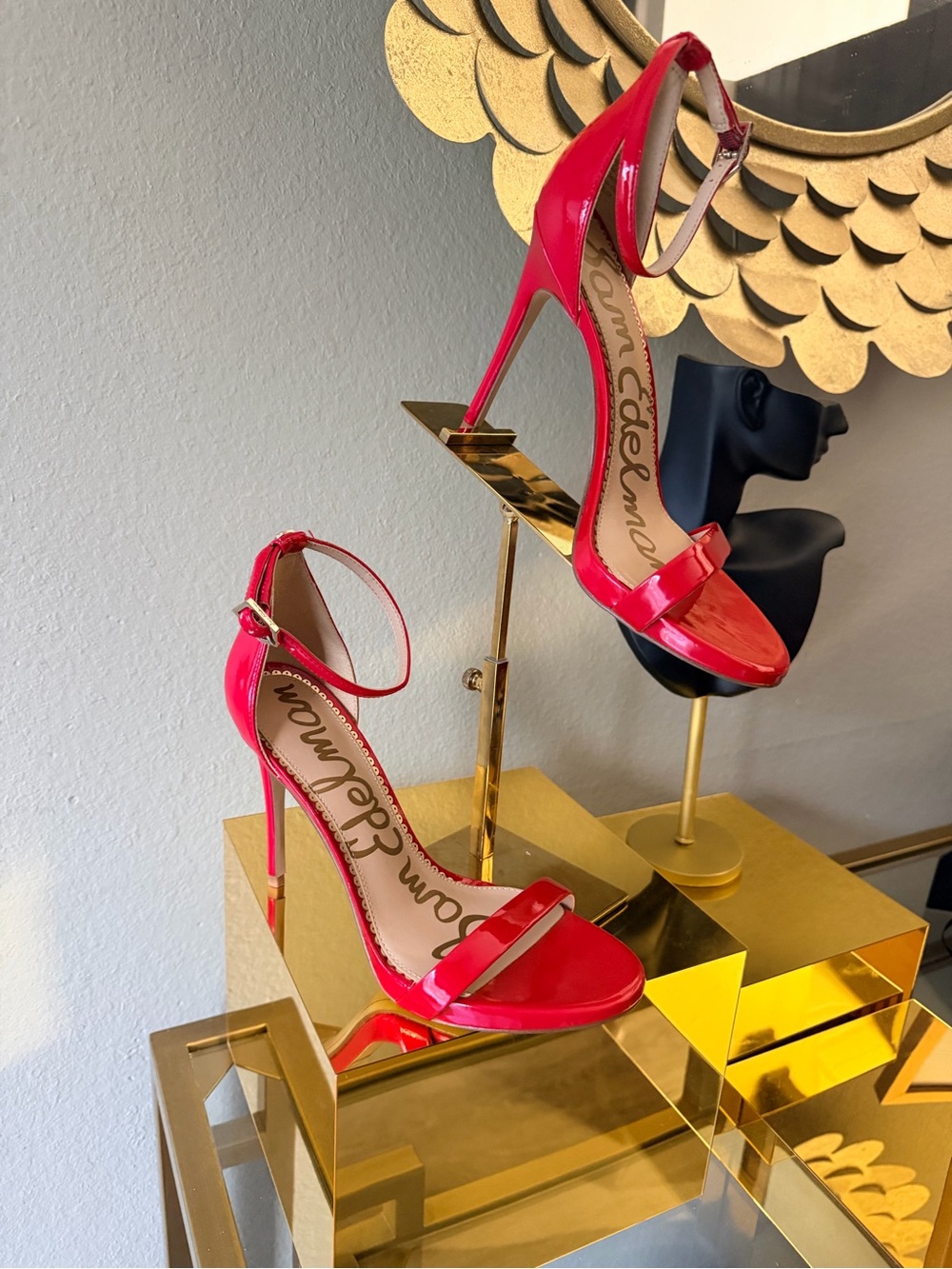 Sam Edelman Red Patent Ankle-Strap Heels with Gold Accents - Picture 3 of 13